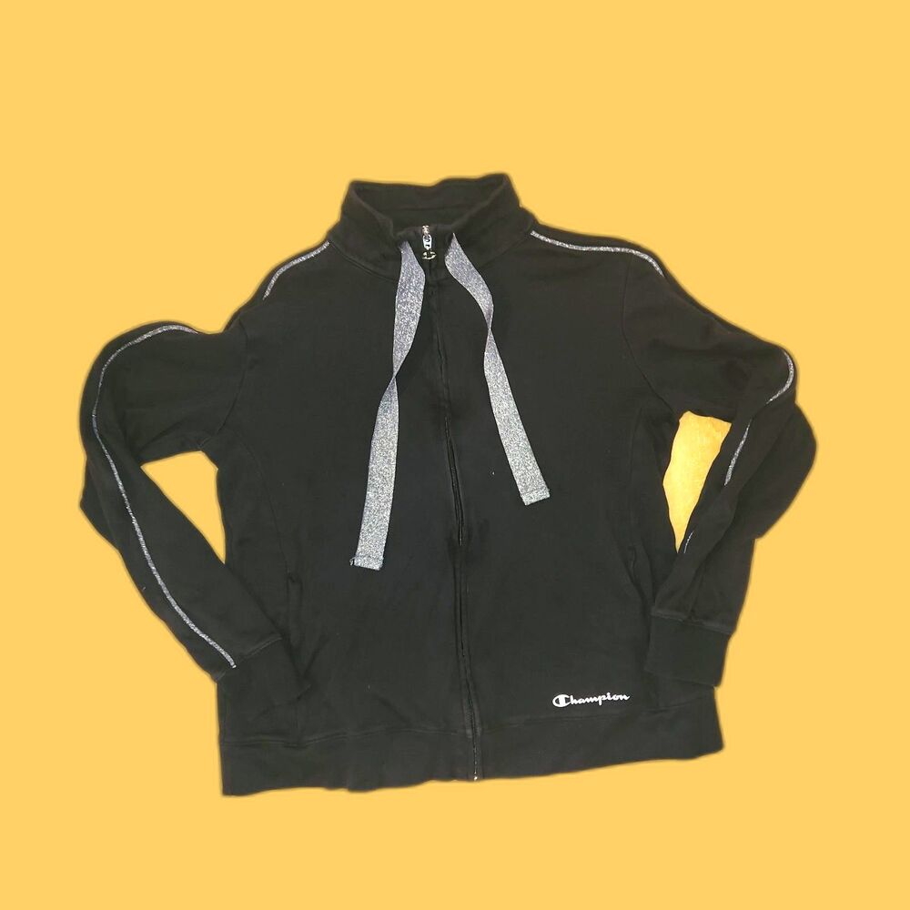 Champion Hooded Zip Up Jacket Black Silver Metallic Pipeline Detail Size Medium